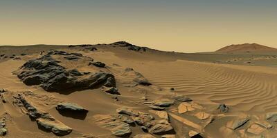 AI generated scientifically reliable landscape of the planet Mars, view from the surface photo