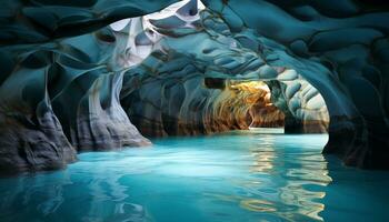 AI generated blue arches of a natural marble cave in the coastal cliffs photo