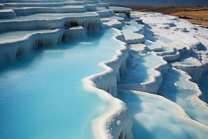 ai generado hermosa paisaje con turquesa claro agua en un natural cascada de mineral muelles foto