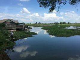 a man fishing in a peat river with a house in the background photo