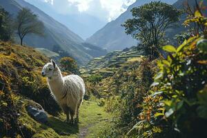 AI generated Lama against the backdrop of a valley in the Andes with terraced fields photo