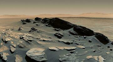 AI generated realistic landscape of the planet Mars, view from the surface photo