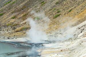 boiling fumaroles and sulfur deposits at the hydrothermal outlet on the shore of the hot lake in the caldera of the Golovnin volcano on the island of Kunashir photo