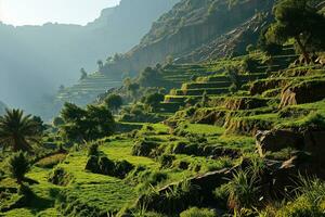 AI generated tropical mountain landscape with terraced fields photo