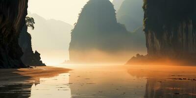 AI generated predawn fog in a tropical river with beautiful karst limestone cliffs photo