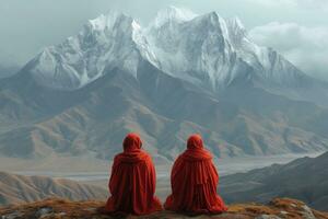 AI generated two Buddhist monks against the backdrop of mountains photo