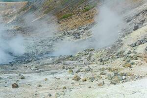 boiling and steaming hydrothermal outlet on the shore of the hot lake in the caldera of the Golovnin volcano on the island of Kunashir photo