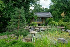 té casa detrás estanque en japonés jardín foto