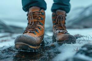 ai generado trekking botas en el pies de un caminante caminando mediante el invierno montañas, de cerca foto
