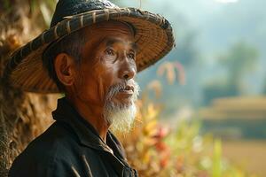 ai generado retrato de asiático rural hombre en gente ropa en borroso antecedentes foto