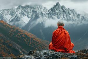 AI generated Buddhist monk meditate while sitting on the rock in the mountains photo