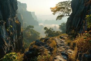 AI generated path in a mountainous area overlooking a beautiful misty valley in the morning rays photo