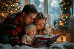 AI generated family looking at a photo book in a christmas interior