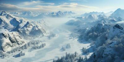 AI generated aerial view of winter mountain landscape with frozen river photo