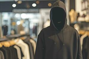 ai generado foto de un negro capucha en maniquí dentro de ropa Tienda