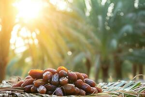 AI generated a bunch of fresh dates neatly arranged against a backdrop of date palms and soft sunlight photo