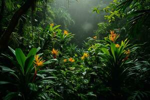 AI generated photograph capturing the vibrant biodiversity of a tropical rainforest photo