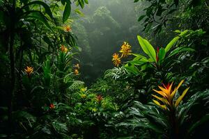 AI generated photograph capturing the vibrant biodiversity of a tropical rainforest photo