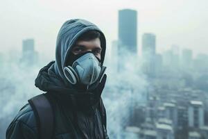 ai generado un hombre vistiendo un máscara en contra aire contaminación foto