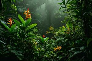 AI generated photograph capturing the vibrant biodiversity of a tropical rainforest photo