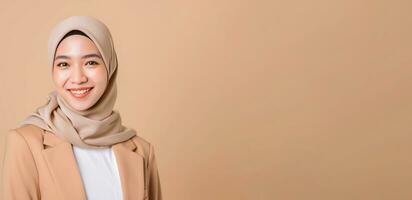 AI generated a beautiful asian woman wearing beige hijab and blazer photo