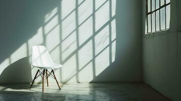 ai generado un blanco silla sentado en un vacío habitación siguiente a un blanco pared foto