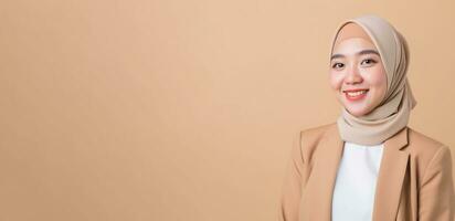 AI generated a beautiful asian woman wearing beige hijab and blazer photo