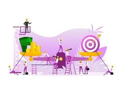 Flat target vs money on scales. Flat people. Time management. Vector illustration