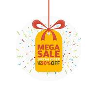Yellow color paper mega sale label with shadow. Price tag. vector