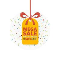 Yellow color paper mega sale label with shadow. Price tag. vector