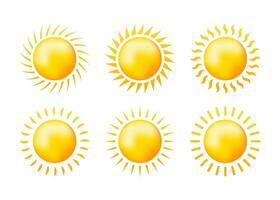 Sketch set yellow sun on white backdrop. Abstract light. Summer objects. Vector illustration.