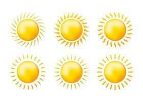 Sketch set yellow sun on white backdrop. Abstract light. Summer objects. Vector illustration.