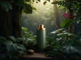 AI generated product mock up bottle in a jungle background photo