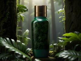 AI generated product mock up bottle in a jungle background photo