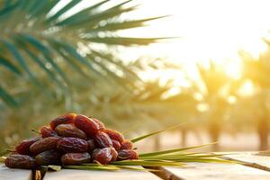 AI generated a bunch of fresh dates neatly arranged against a backdrop of date palms and soft sunlight photo