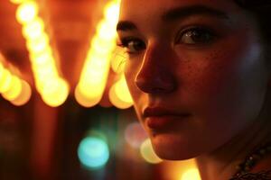 AI generated close up shot of a woman face lit by the soft glow photo