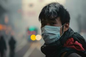 AI generated a man wearing a mask against air pollution photo