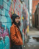 AI generated A girl in urban streetwear leaning on a graffiti wall photo