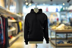 AI generated photo of a black hoodie on mannequin inside of clothing store