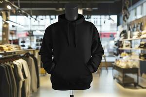 AI generated photo of a black hoodie on mannequin inside of clothing store