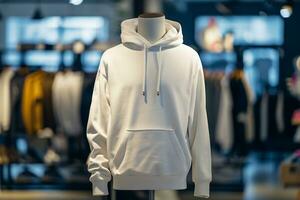 AI generated photo of a white hoodie on mannequin inside of clothing store