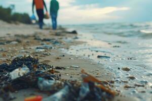 ai generado voluntarios coleccionar basura limpieza el playa foto