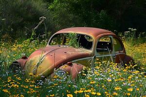 ai generado un oxidado fuera antiguo coche sentado en un campo de flores foto