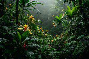 AI generated photograph capturing the vibrant biodiversity of a tropical rainforest photo