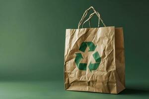 AI generated Paper bag with a recycle symbol on green background photo