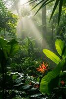 AI generated photograph capturing the vibrant biodiversity of a tropical rainforest photo