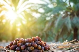AI generated a bunch of fresh dates neatly arranged against a backdrop of date palms and soft sunlight photo
