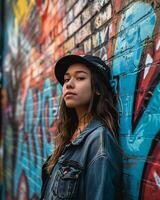 AI generated A girl in urban streetwear leaning on a graffiti wall photo