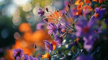 ai generado un borroso foto de púrpura y naranja flores