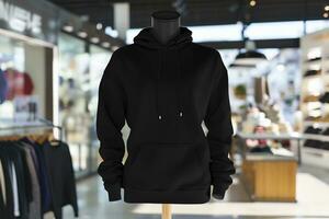 AI generated photo of a black hoodie on mannequin inside of clothing store